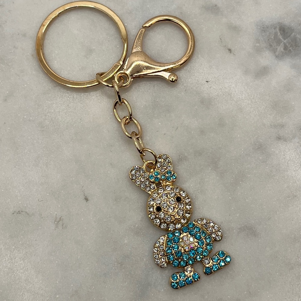 Rhinestone Bunny Rabbit Keychain Bag Charm Gold Blue Easter Gift Accessory New
